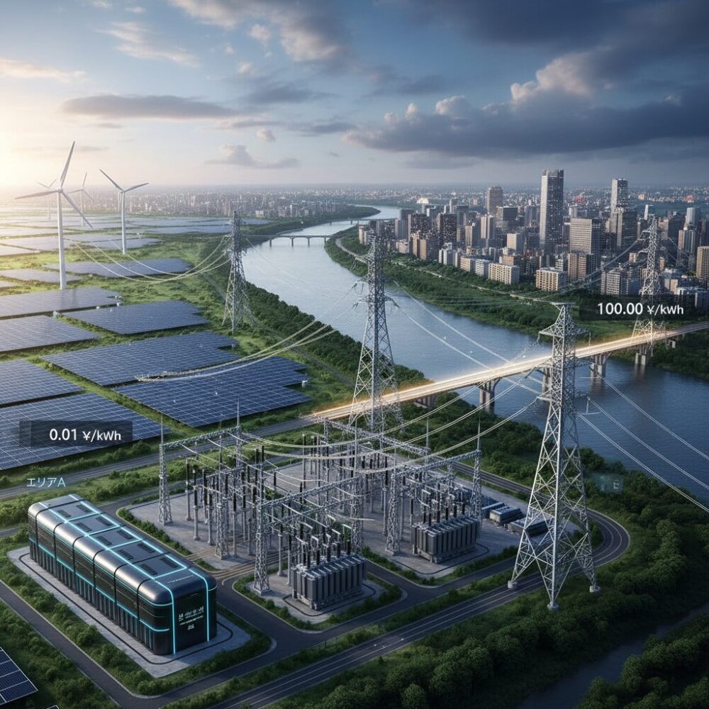 出力制御の拡大と地域間連系線が生むエリア別価格差 のイメージ