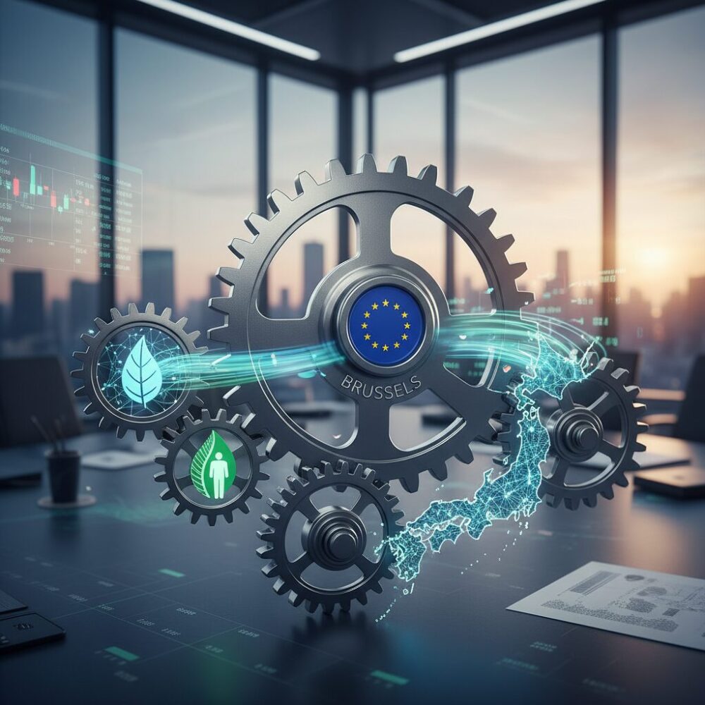 ブリュッセル効果の極大化と日本企業への波及 のイメージ