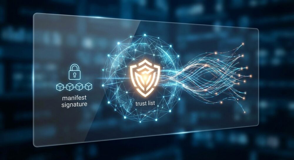 C2PAの技術アーキテクチャ：マニフェスト・署名・トラストリストの仕組み のイメージ