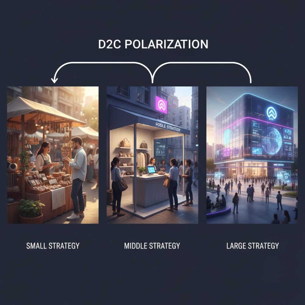 D2C競争の二極化とスモール・ミドル・ラージ戦略 のイメージ